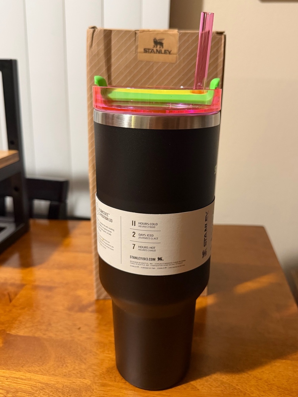 Black Neon Stanley Quencher H2.0 Tumbler - Yellow Handle & Pink Lid/Straw🖤💛🩷🧡💚 - Picture 6 of 6